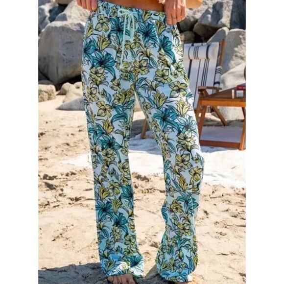 Beach Riot Women's Blue Lagoon Beach Pants Floral Flowy Fabric Wide Leg NWT - Picture 1 of 7